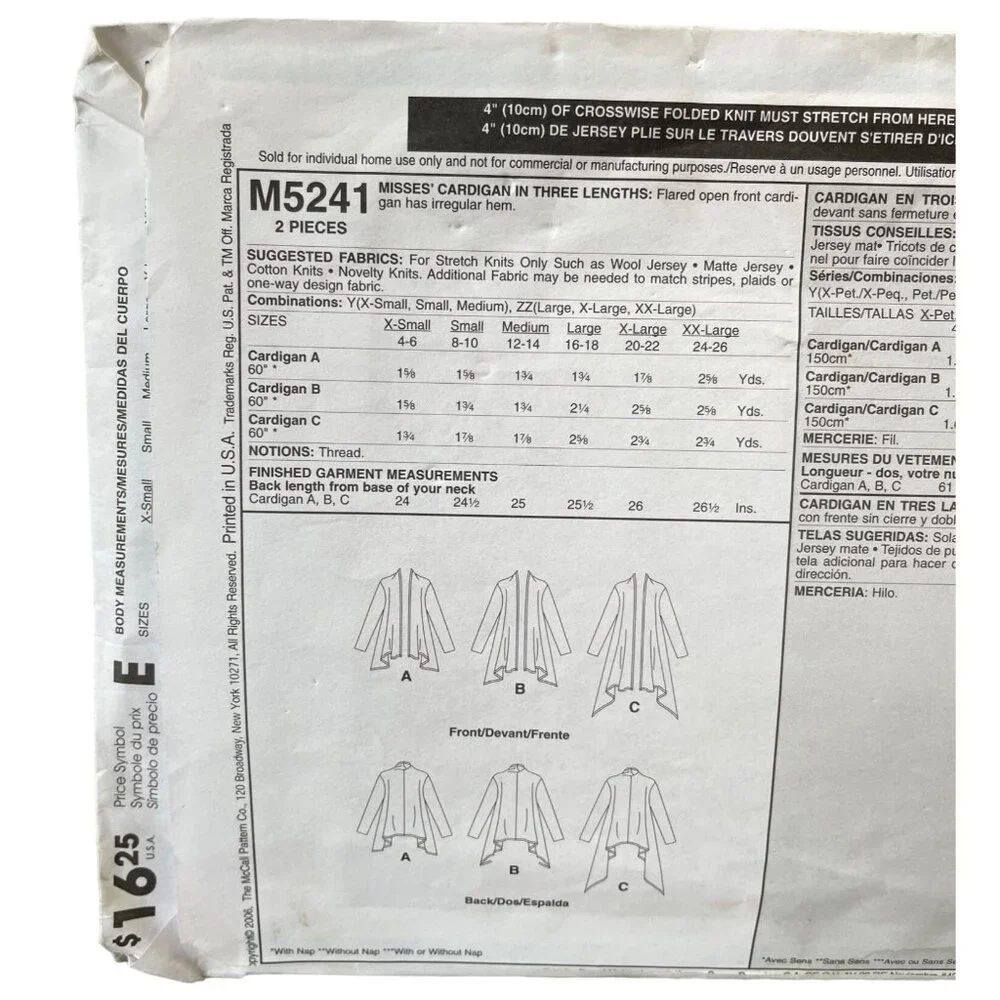 McCalls‎ Sewing Pattern 5241 Cardigan ONE HOUR Misses Size XS-MED